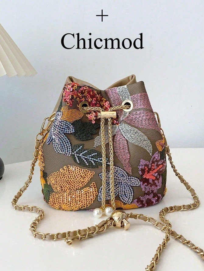 Floral Embroidery Bucket Bag