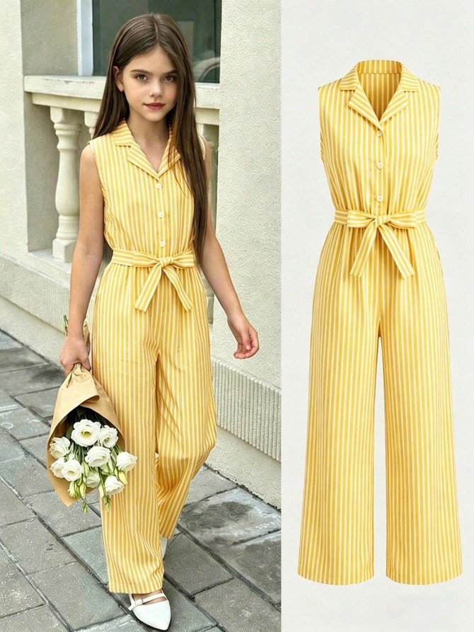 Girls' striped wide-leg jumpsuit
