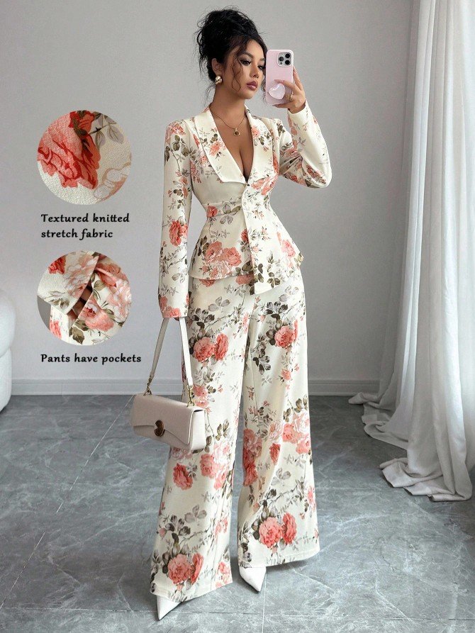 Floral blazer and wide-leg pants set