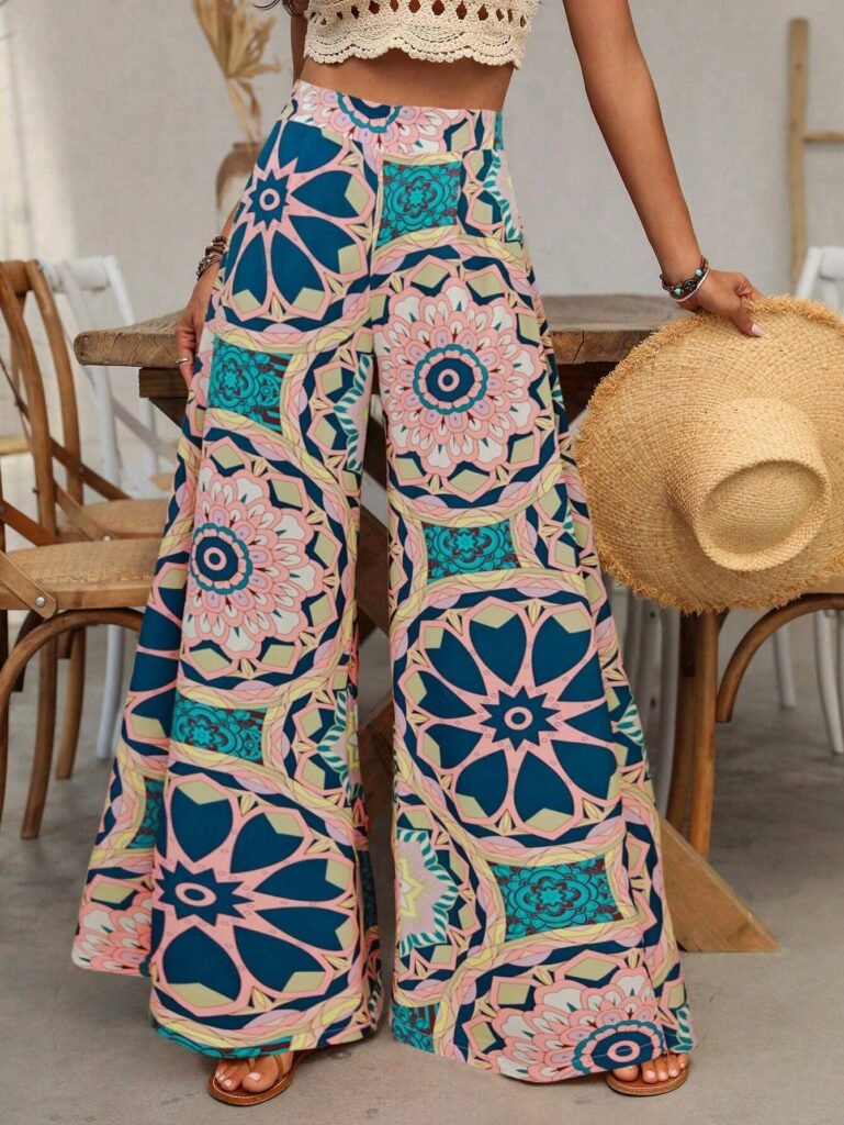 Colorful floral wide-leg pants for women