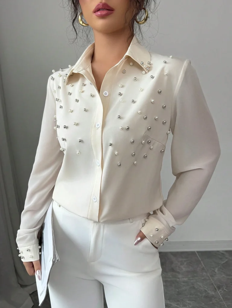 Women's long-sleeve shirt with faux pearl button details