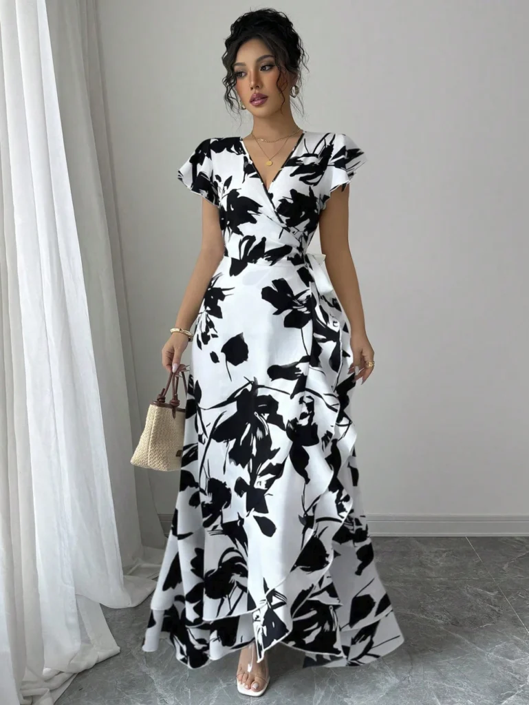 Black and white printed maxi dress for women